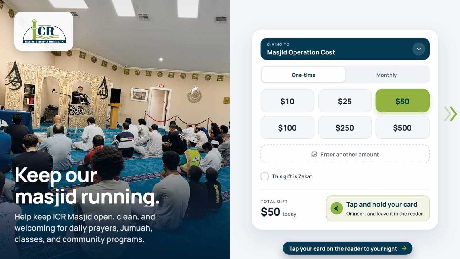 The giving screen running at Islamic Center of Rowlett, with a Masjid Operation Cost fund and tap to give prompt