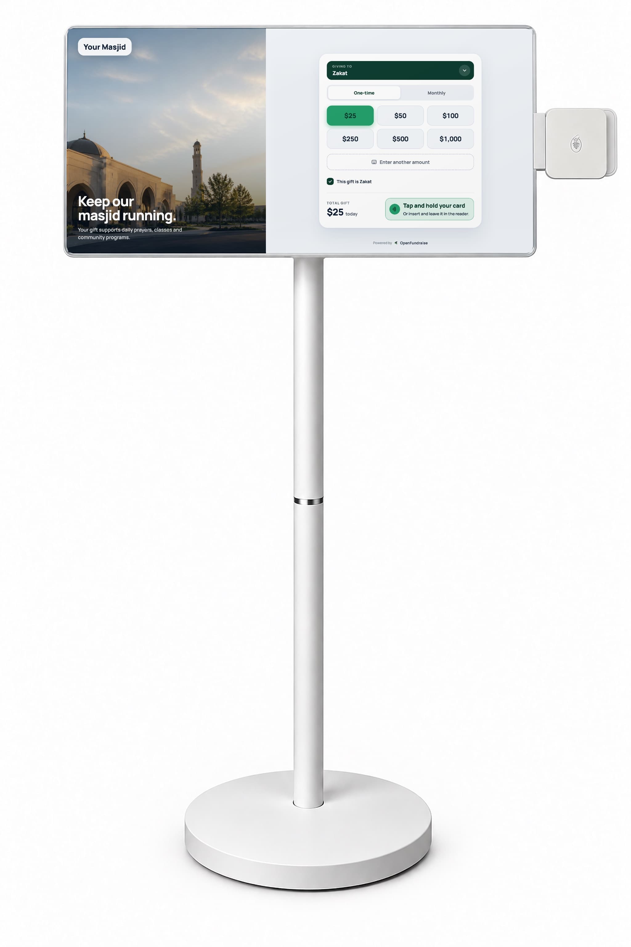 OpenFundraise freestanding giving station with a touchscreen and a card reader on its edge