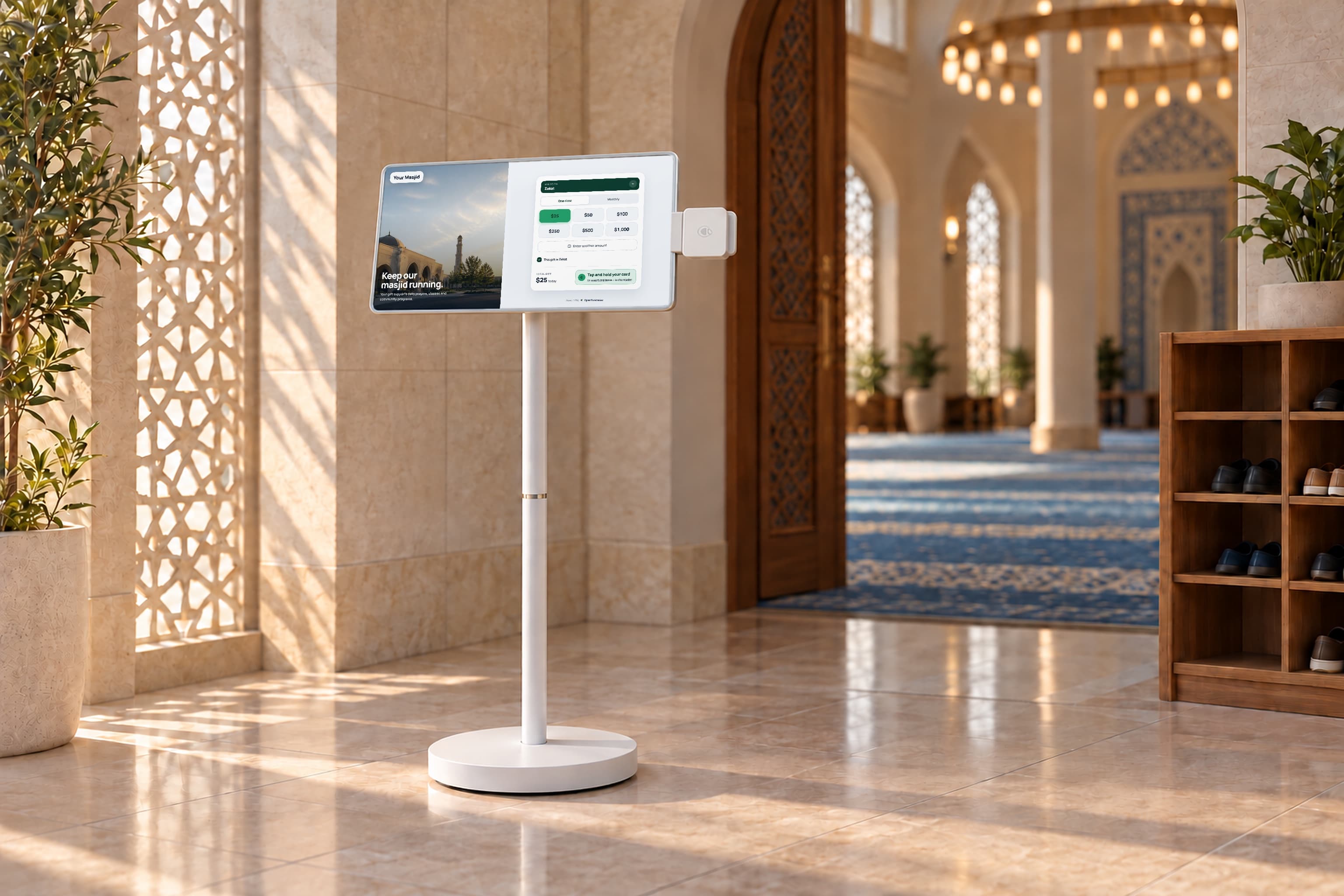 OpenFundraise giving station in a masjid entrance